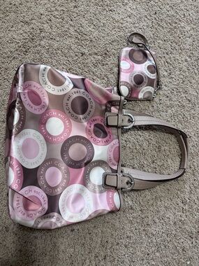 Coach Pink, Brown & Cream Circle Logo Tote with Wristlet